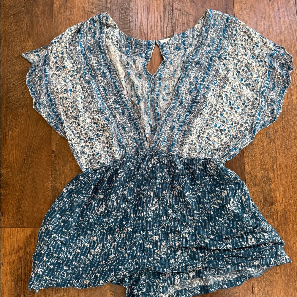 We The Free Blue Ruffled Tie Front Jumpsuit